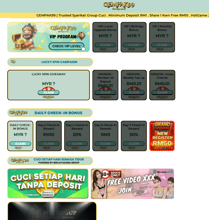 Gempak99 link free credit bonus page screenshot